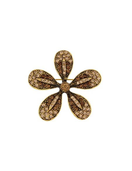 BRO-109 - BROCHE DE LATÓN CHAPADO EN ORO CON CIRCONITA Y PIEDRA ÁMBAR DE 40 MM X 40 MM