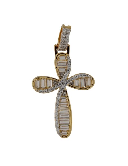 CRUZ-334 - CRUZ DE PLATA CHAPADA EN ORO CON CIRCONITA Y PIEDRA BLANCA DE 25 MM X 19 MM