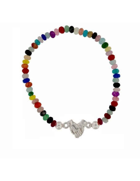 PUL-4930 - PULSERA ELÁSTICA CON PIEDRA DE COLOR MULTICOLOR DE 4 MM Y MOTIVO DE MANOS UNIDAS TERUEL DE 9 MM X 9 MM 