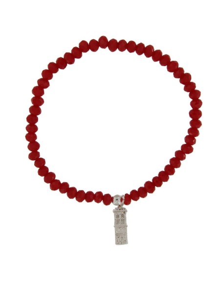 PUL-4654 - PULSERA ELÁSTICA CON PIEDRA ROJA DE 4 MM Y MOTIVO DE COLGANTE TORRE TERUEL DE 13 MM X 5 MM 