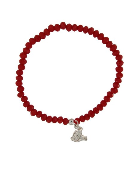 PUL-4667 - PULSERA ELÁSTICA CON PIEDRA ROJA DE 4 MM Y MOTIVO DE COLGANTE MANOS UNIDAS DE 9 MM X 9 MM