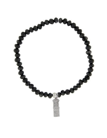 PUL-4655 - PULSERA ELÁSTICA CON PIEDRA NEGRA DE 4 MM Y MOTIVO DE COLGANTE TORRE TERUEL DE 13 MM X 5 MM 