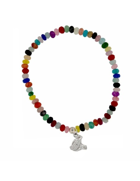 PUL-4926 - PULSERA ELÁSTICA CON PIEDRA MULTICOLOR DE 4 MM Y MOTIVO DE COLGANTE MANOS UNIDAS DE 9 MM X 9 MM